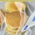 Three stacks of pancakes in a labeled freezer bag, illustrating how to freeze pancakes for easy meal prep.