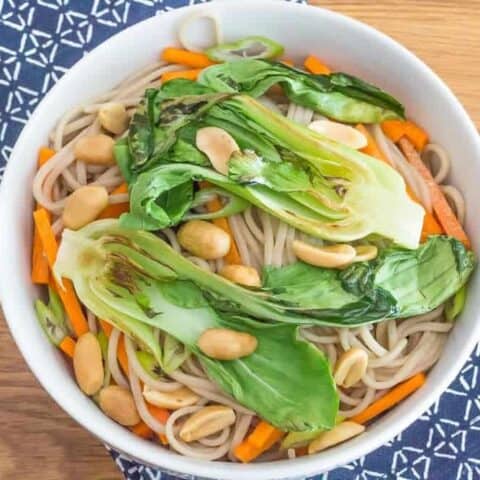 Peanut soba noodles with bok choy are a light lunch or dinner. You can add cooked chicken or tofu if you like.