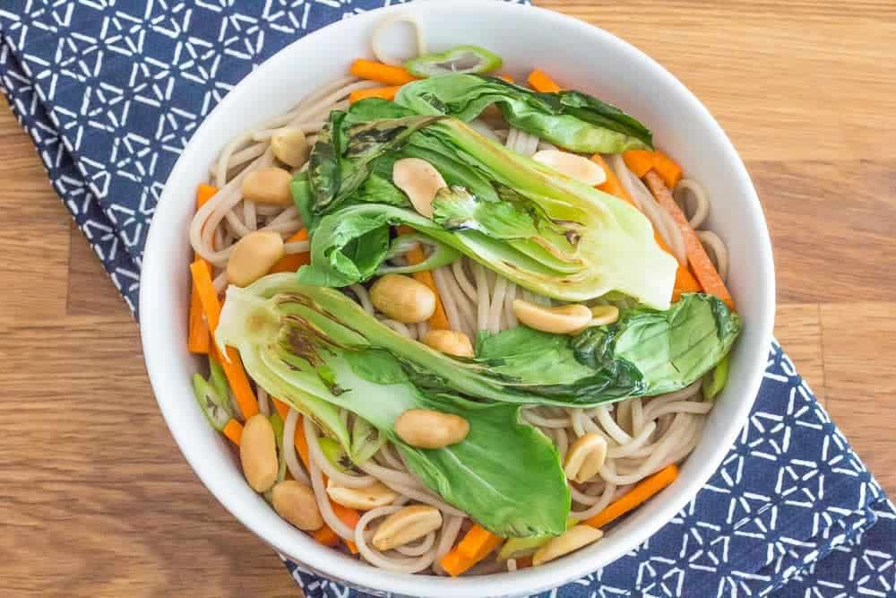 Peanut soba noodles with bok choy are a light lunch or dinner. You can add cooked chicken or tofu if you like.