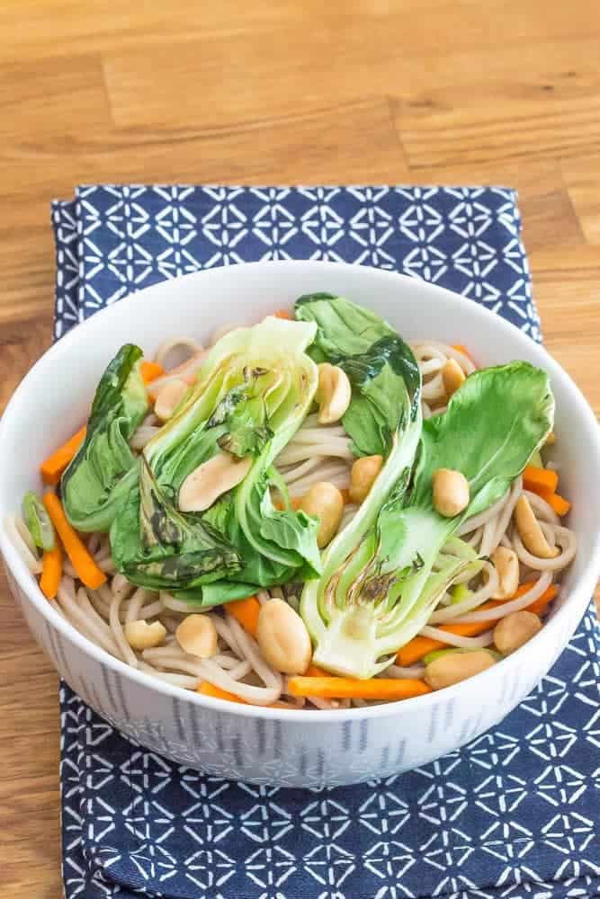 Excellent hot or cold, these peanut butter soba noodles with bok choy make a great dinner or lunch. Add extra veggies if you like!