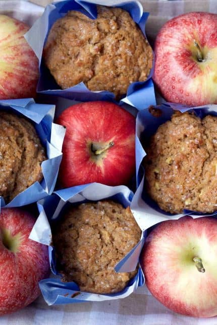 Whole wheat apple cinnamon muffins are bursting with flavor. The whole family will love them.