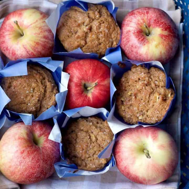 Whole wheat apple cinnamon muffins are bursting with flavor. The whole family will love them.