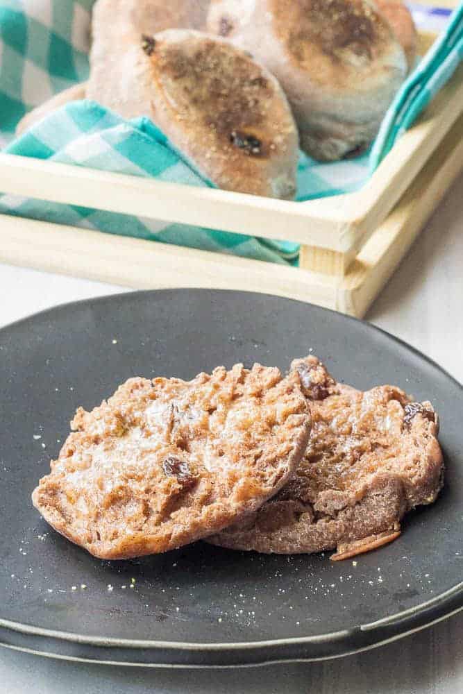 Cinnamon raisin English muffins are lightly sweet and full of plump raisins. Make a batch for breakfast all week!