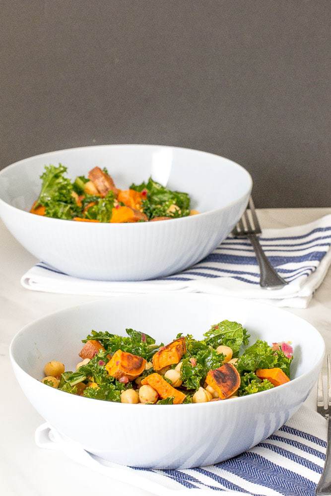 Roasted sweet potato salad with chickpeas and kale is an excellent light dinner or lunch.