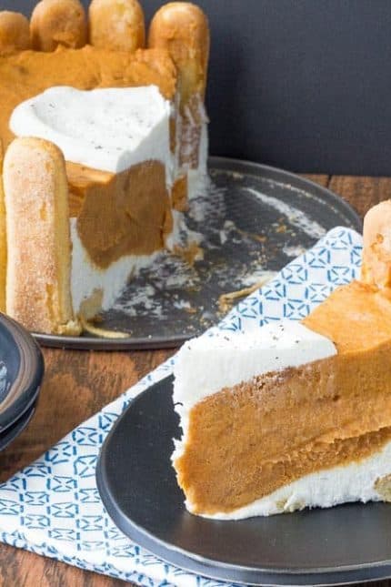 Pumpkin charlotte has a crust made from ladyfingers, which pair beautifully with the creamy pumpkin filling.