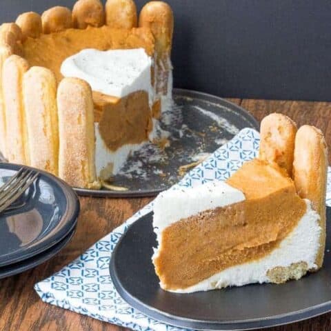 Pumpkin charlotte has a crust made from ladyfingers, which pair beautifully with the creamy pumpkin filling.
