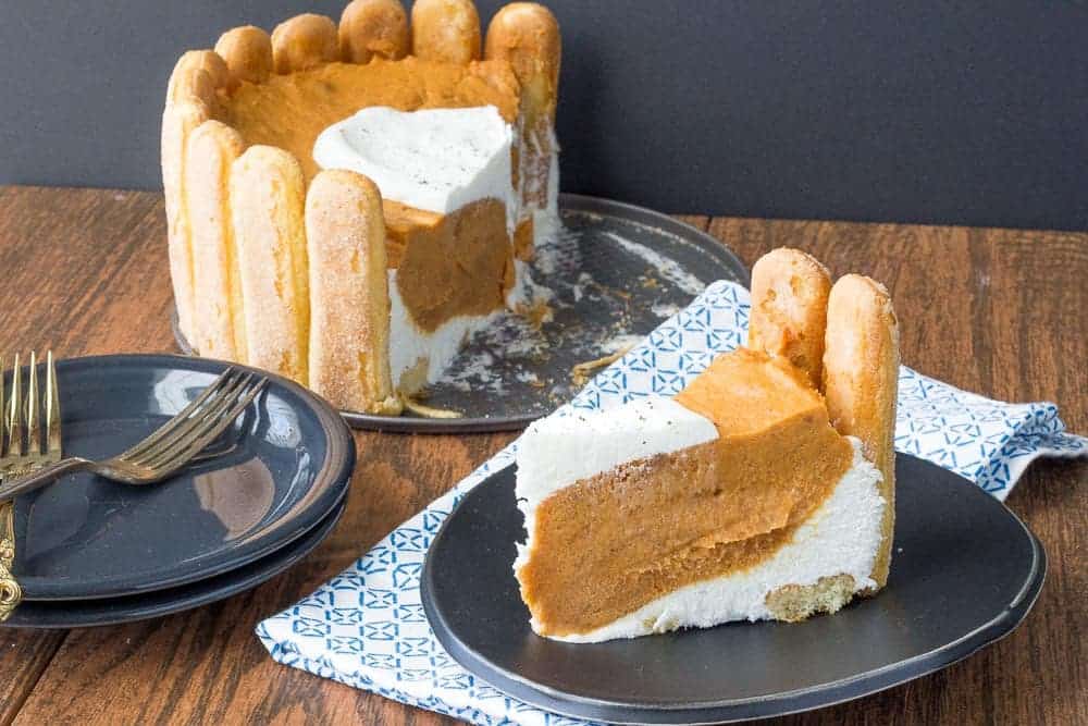 Pumpkin charlotte has a crust made from ladyfingers, which pair beautifully with the creamy pumpkin filling.