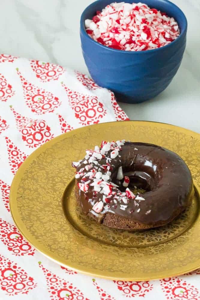 Peppermint mocha donuts are topped with crunchy candy cane bits for even more peppermint flavor.