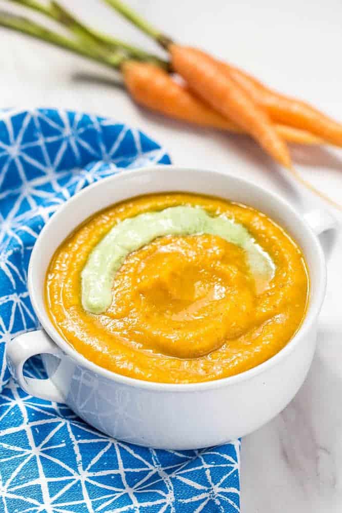 Carrot miso soup is creamy and comforting. The cilantro cream sets it off!