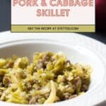 A bowl of food featuring savory pork cabbage, with text overlay.