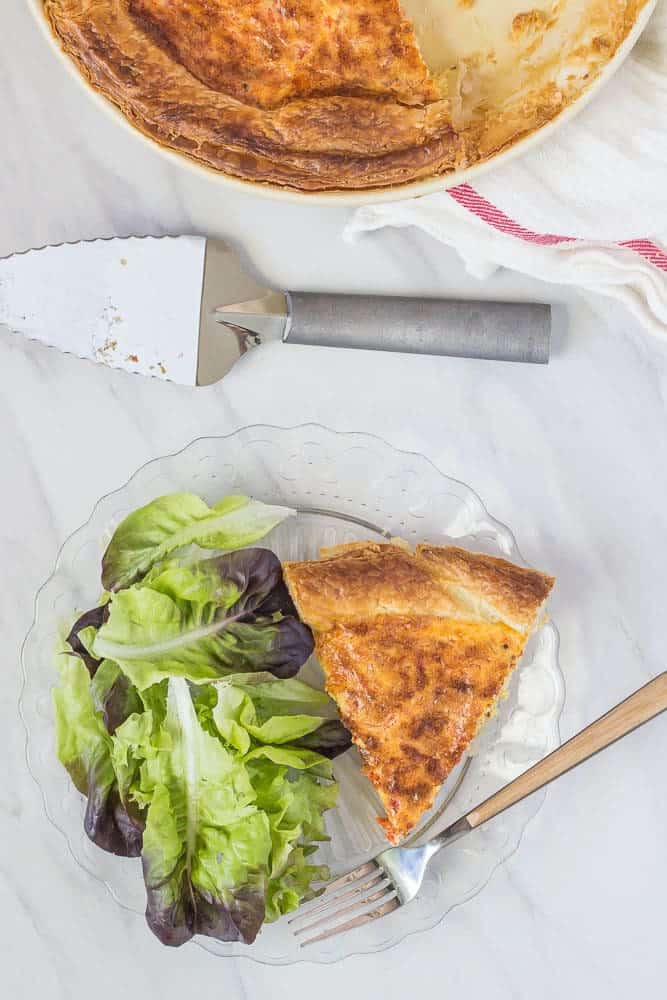 Roasted red pepper quiche uses puff pastry for a perfectly flaky crust.