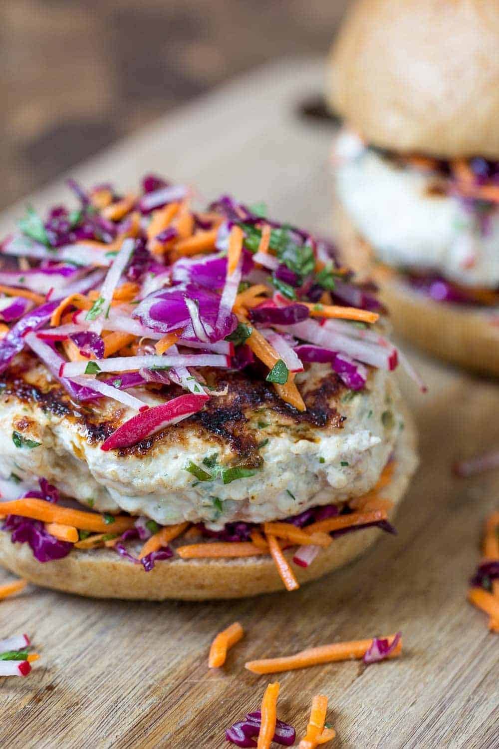 Thai peanut chicken burgers are inspired by classic Thai flavors. They're easy to make at home!