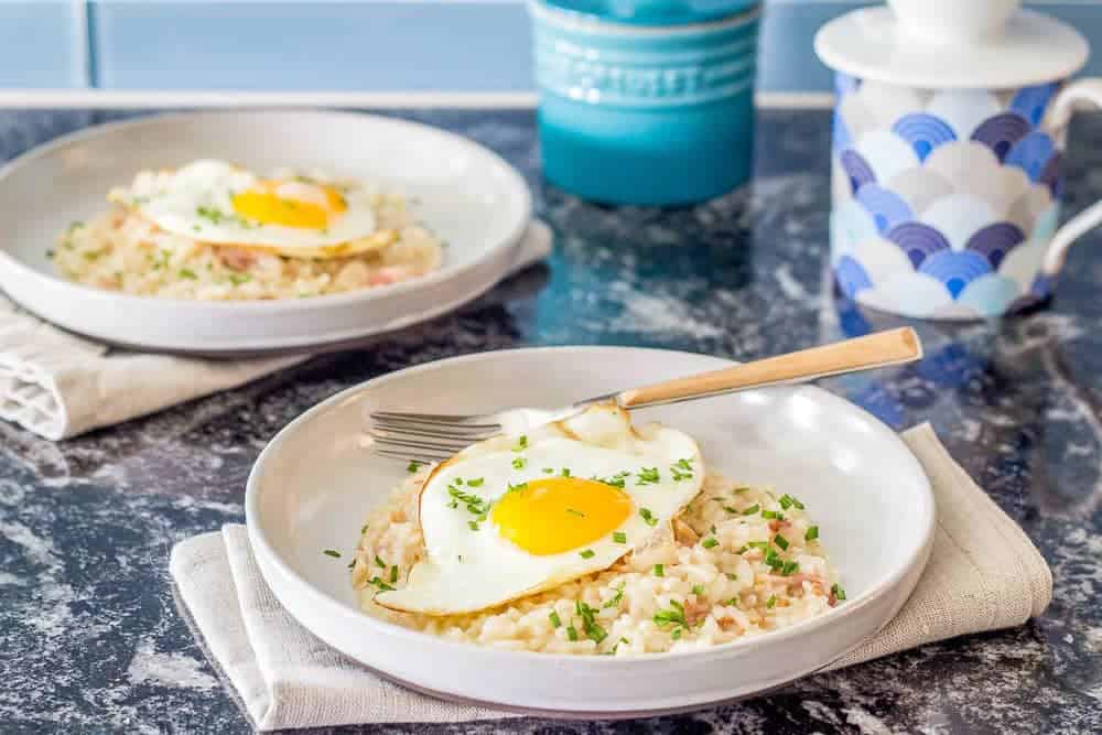 Bacon and egg risotto is a quick and easy breakfast that's so good!