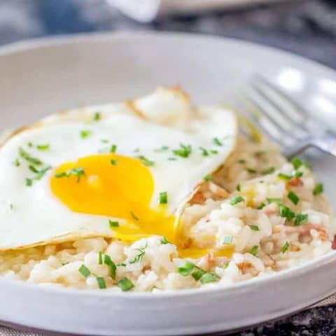 Bacon and egg risotto is creamy, comforting, and so delicious for breakfast or dinner!
