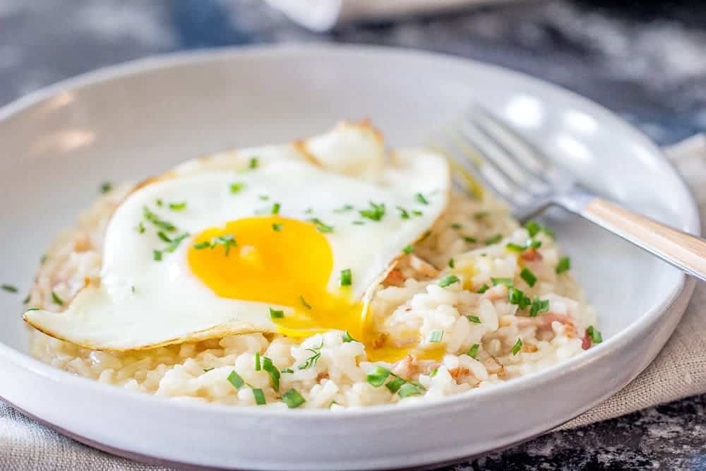 Bacon and egg risotto is creamy, comforting, and so delicious for breakfast or dinner!