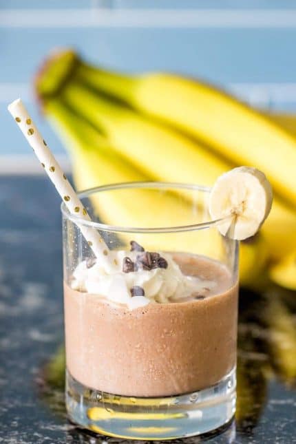 Chunky monkey smoothies are a quick and easy breakfast or snack. Who can resist peanut butter, banana, and chocolate?