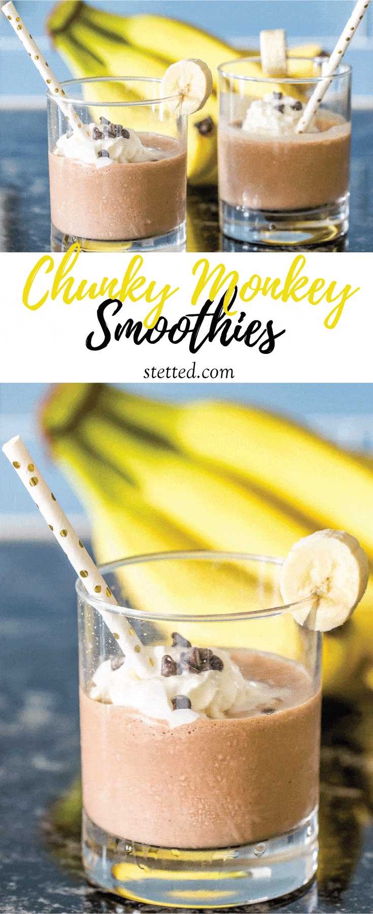 Chunky monkey smoothies are a quick and easy breakfast or snack. Who can resist peanut butter, banana, and chocolate?