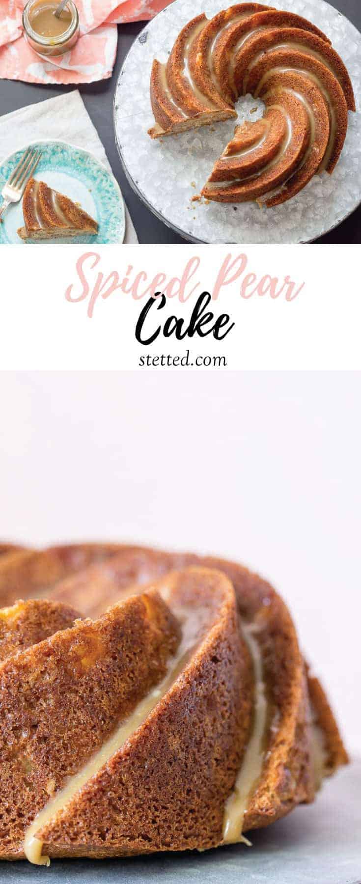 Spiced pear cake with salted caramel glaze is tender and comforting, ideal for any occasion.