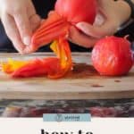 Hands peeling the skin off a blanched tomato on a cutting board, with another peeled tomato and loose skins nearby. Text reads "how to peel tomatoes" for an easy step-by-step guide.