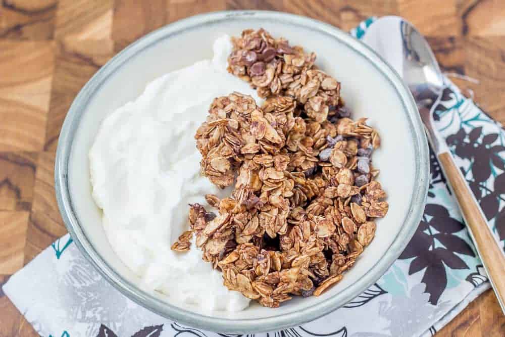 Mocha java granola is simple to make at home. It's great over yogurt!