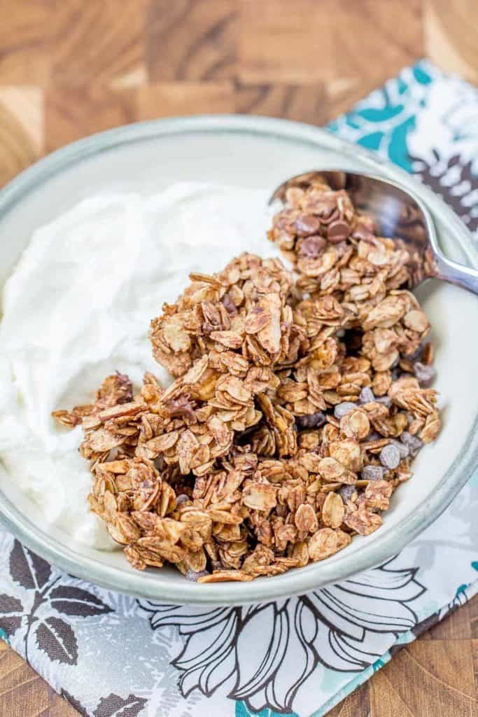 Mocha java granola is chocolaty and nutty, with a hit of coffee. This make-ahead breakfast will make your mornings so much easier.