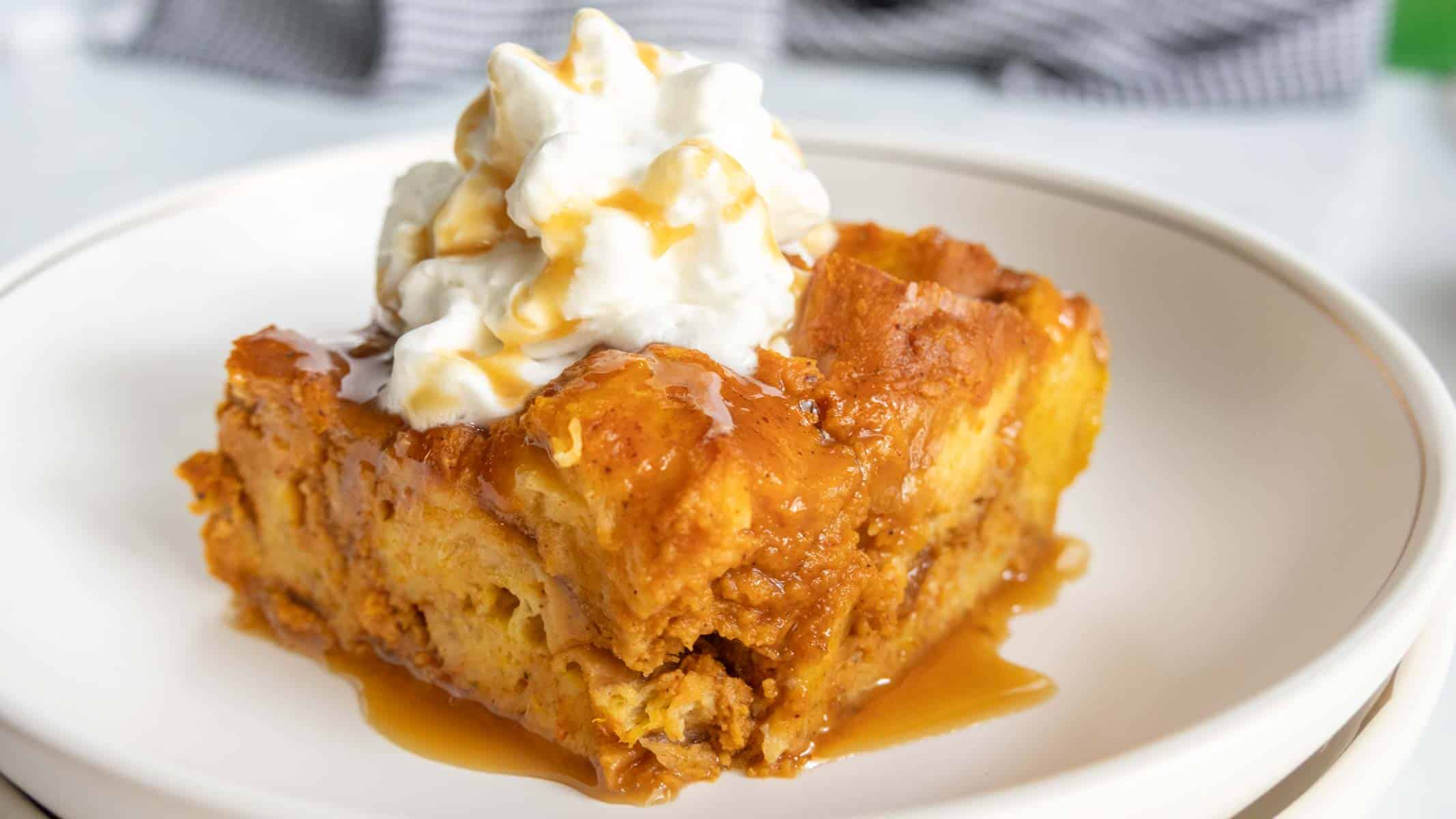 Pumpkin bread pudding baked with custard and fall spices.