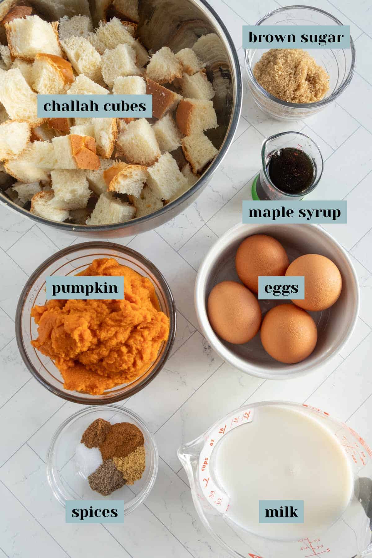 Seven labeled bowls and containers display ingredients for pumpkin bread pudding: challah cubes, brown sugar, maple syrup, pumpkin, eggs, spices, and milk on a white surface.