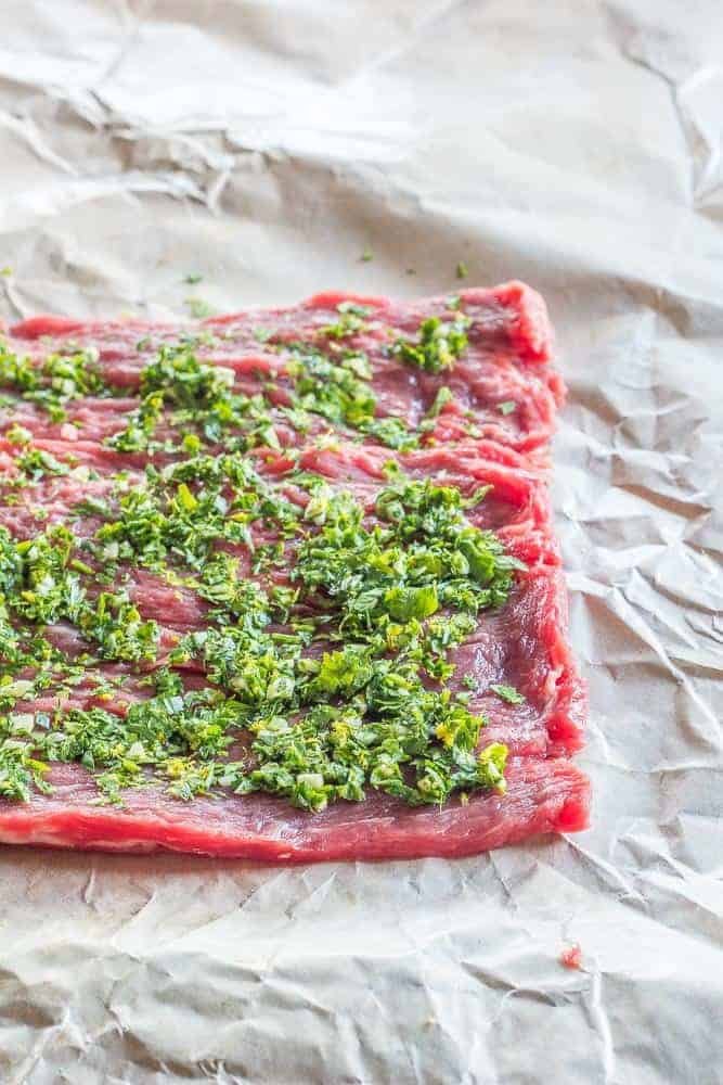 Easy steak roulade is filled with an orange gremolata, ideal for winter.