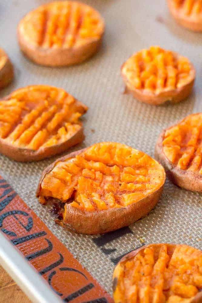 Smashed sweet potatoes take on the flavor of sweet potato casserole, without all the extra work!