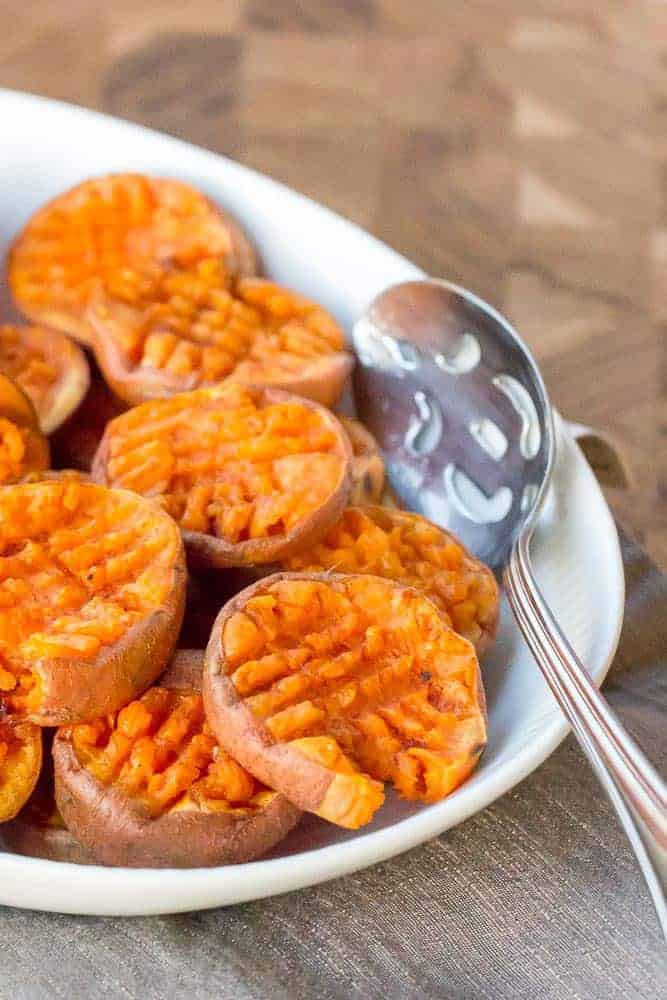 Smashed sweet potatoes are a great take on the classic side dish! Serve them with the traditional turkey dinner, or with breakfast.