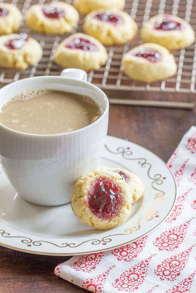 Raspberry jam cookies are the perfect treat for an afternoon coffee break.