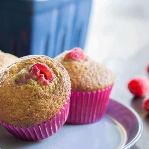 Raspberry bran muffins have plenty of tart, juicy berries for a delightful breakfast.