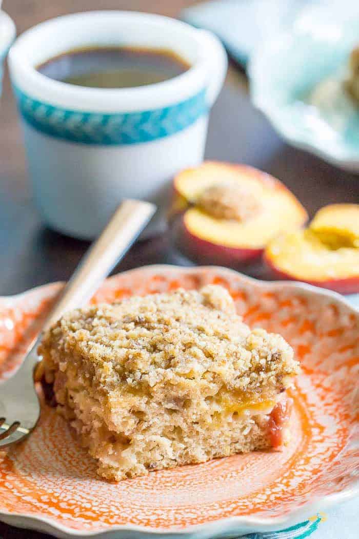 Peach coffee cake starts your morning off right. Who doesn't love a summer peach?