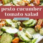 Close-up of a bowl filled with sliced cucumbers, cherry tomatoes, and crumbled cheese, labeled "cucumber tomato salad" topped with pesto.