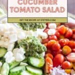A bowl filled with sliced cucumbers, cherry tomatoes, mozzarella balls, chopped onions, and pesto being poured on top. A label reads "Cucumber Tomato Salad," showcasing a fresh take on the classic cucumber tomato salad.