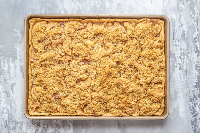 Caramel apple slab pie is made on a baking sheet so it feeds a crowd.