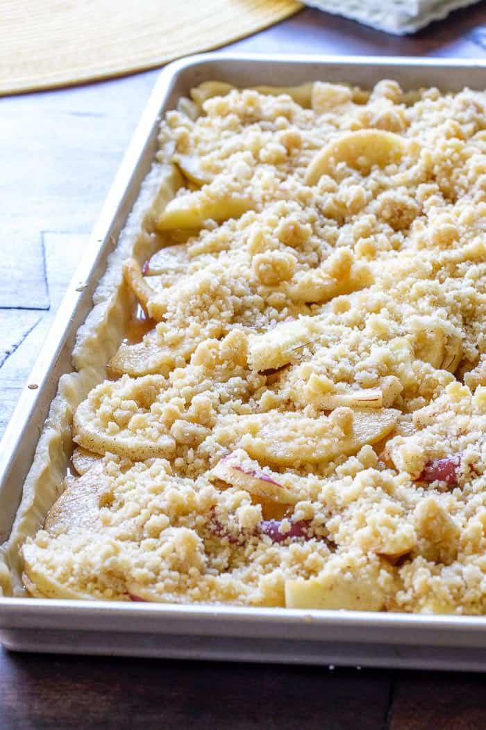 Caramel apple slab pie is a great way to make apple pie for a large group.