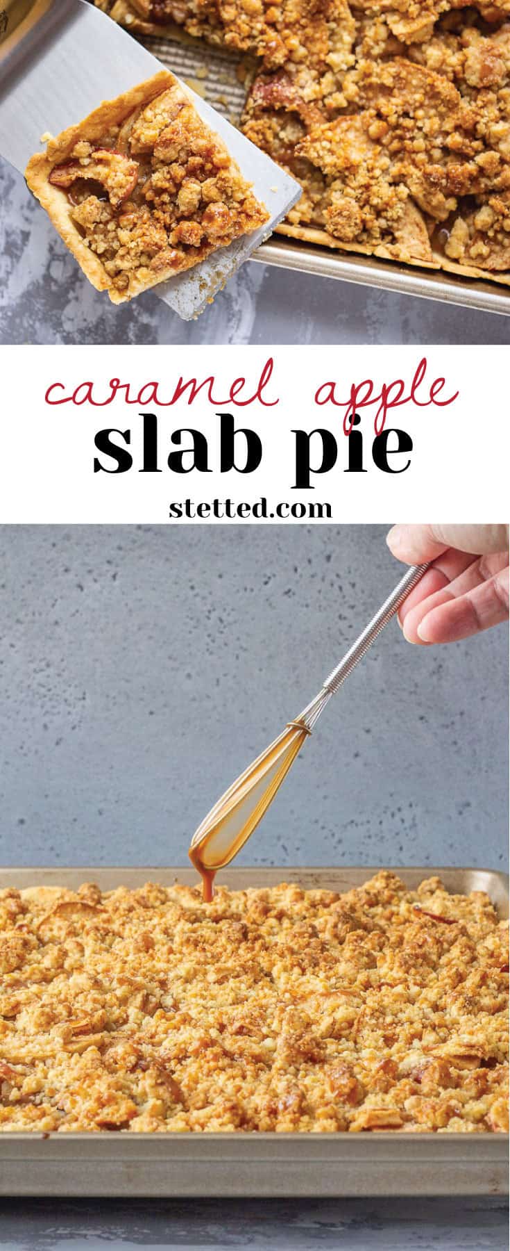 Caramel apple slab pie is a sweet welcome to fall that feeds a crowd. Make it for potlucks, tailgating, or whenever you need to use up some apples.
