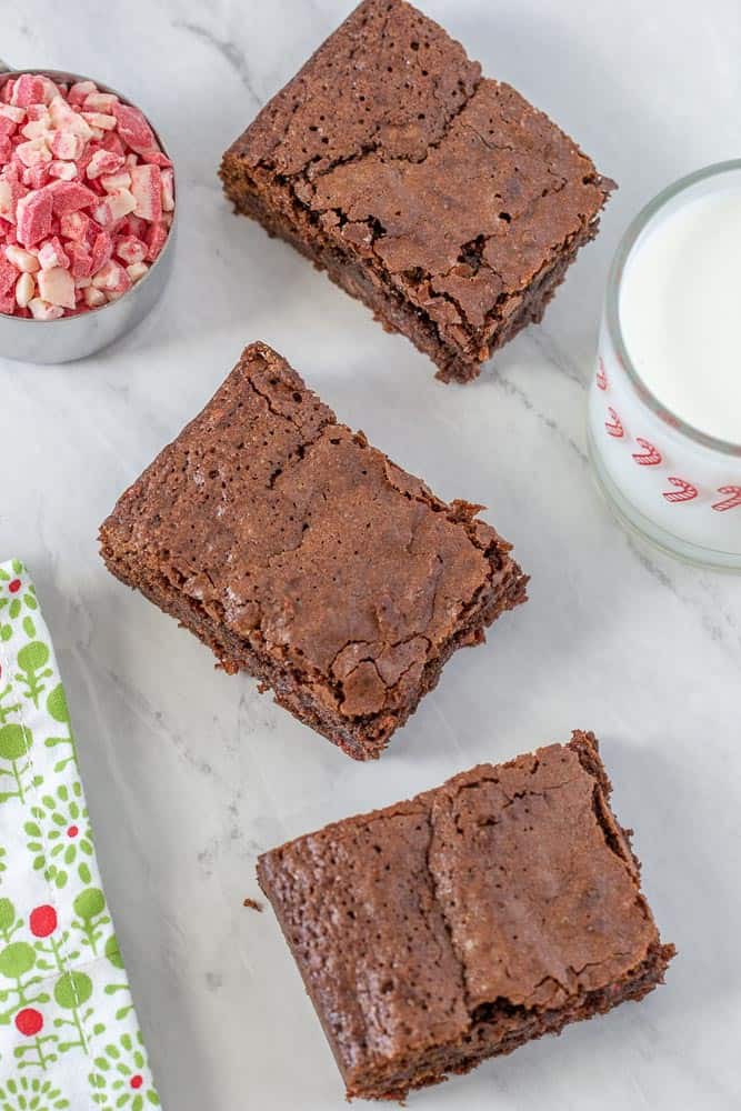 Peppermint brownies cut overhead