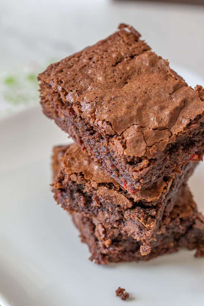 Peppermint brownies cut and stacked