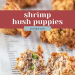 Close-up of shrimp hush puppies on a sheet of financial newsprint; one shrimp hush puppy is broken open to reveal the flavorful filling inside.