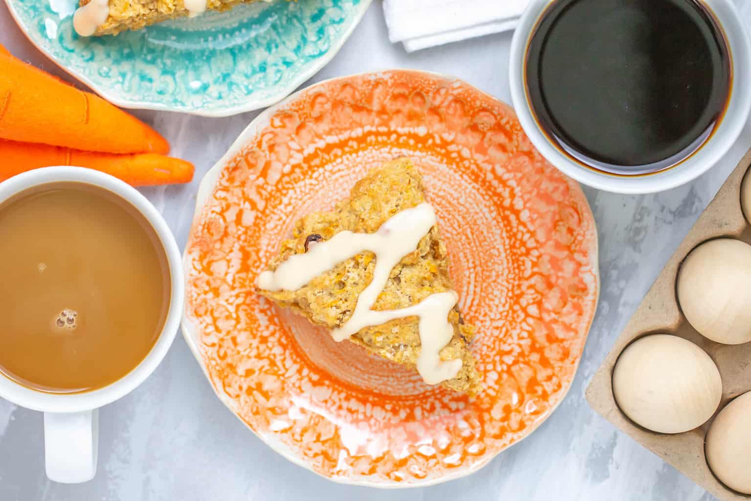 Carrot cake scone overhead with coffee