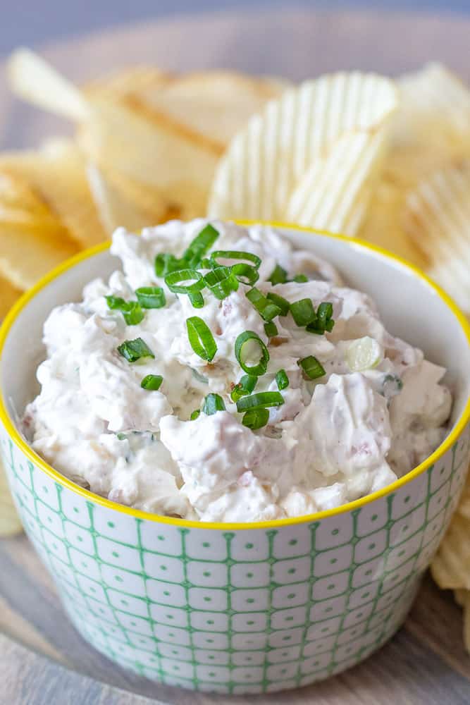 bacon onion dip in a bowl
