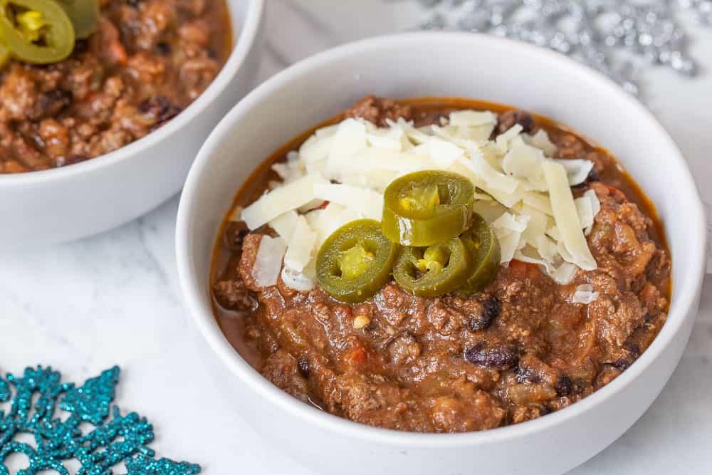beef chili in white bowl