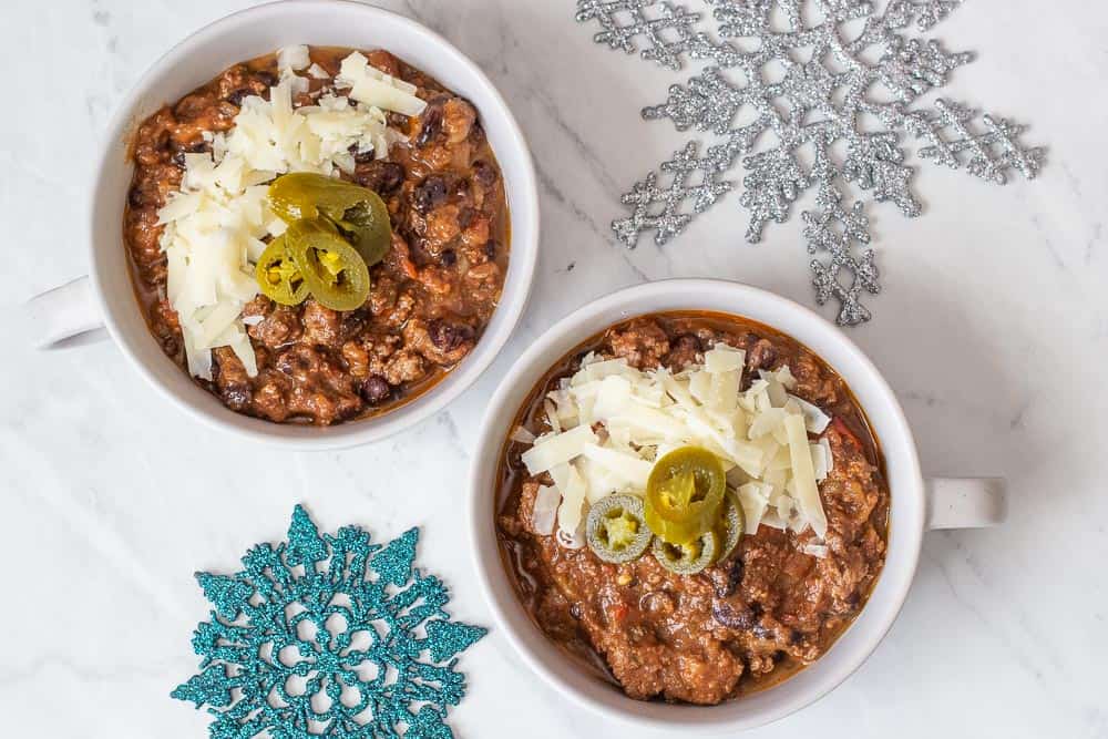 Overhead chili in two bowls