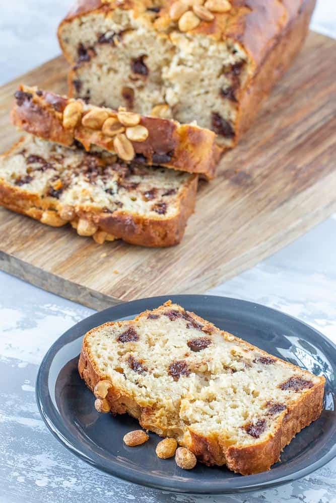 banana bread with chocolate chips, sliced