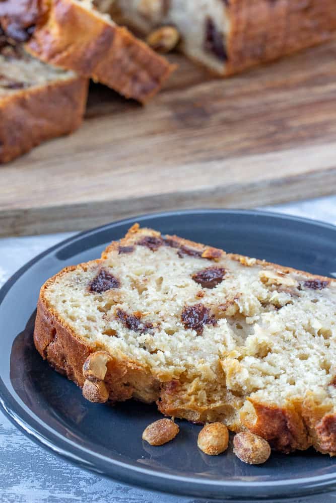 slice of banana bread with chocolate chips on a plate
