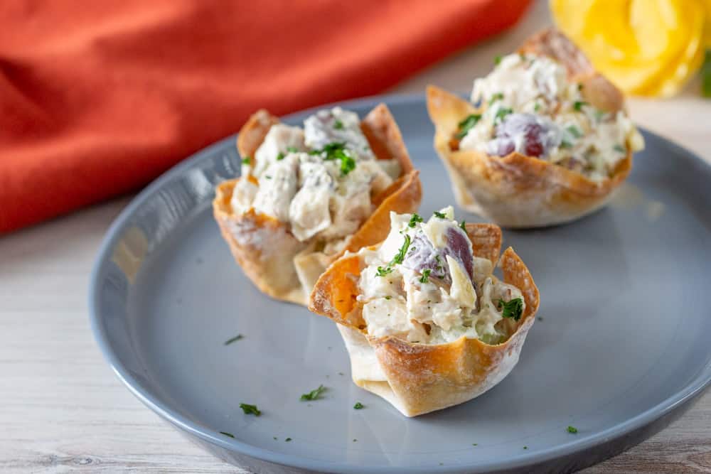 chicken salad wonton cups on a plate