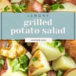 Bowl of grilled potato salad featuring red potatoes, chopped green onions, and a text overlay reading “Lemony grilled potato salad.”.