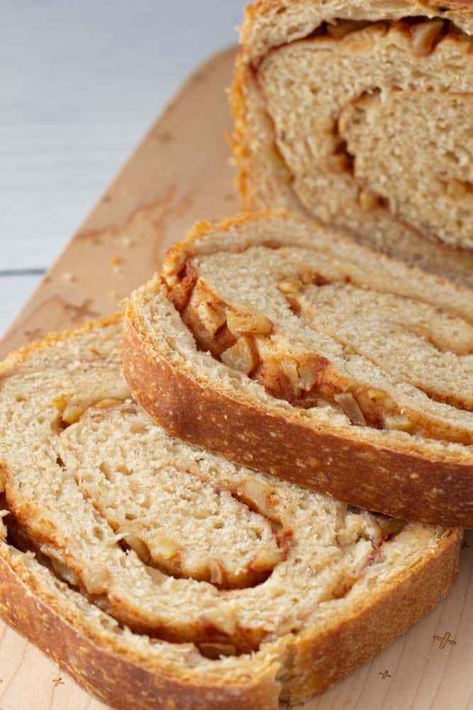 Apple cinnamon swirl bread slices overhead